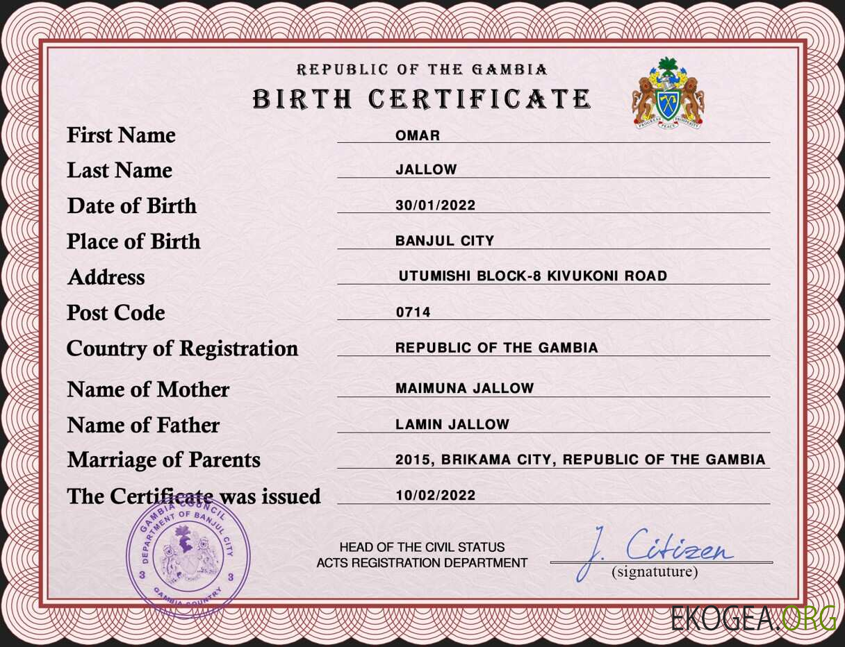 Modèle PSD de certificat de naissance de l'état civil de la Gambie